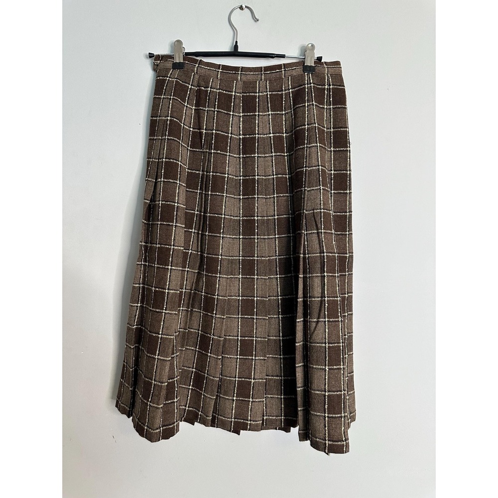 Vintage Lorette by Milliken Brown Tan Plaid Wool Blend A-Line Skirt Small
